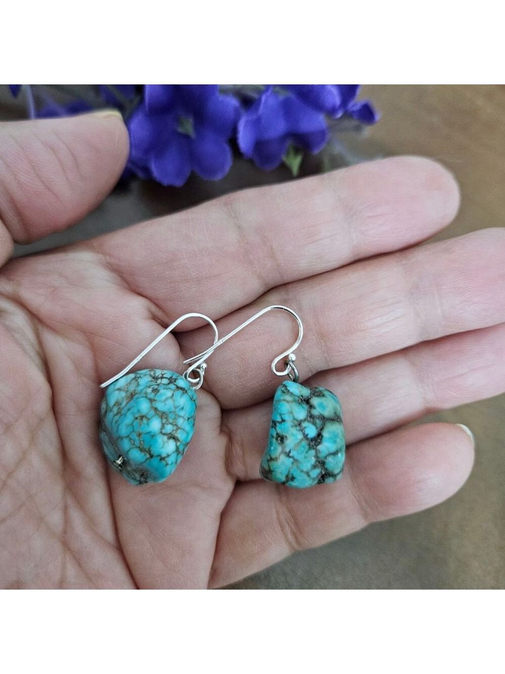 Vintage Sterling Silver Turquoise Nugget Stone Women's Earrings - Picture 4 of 4